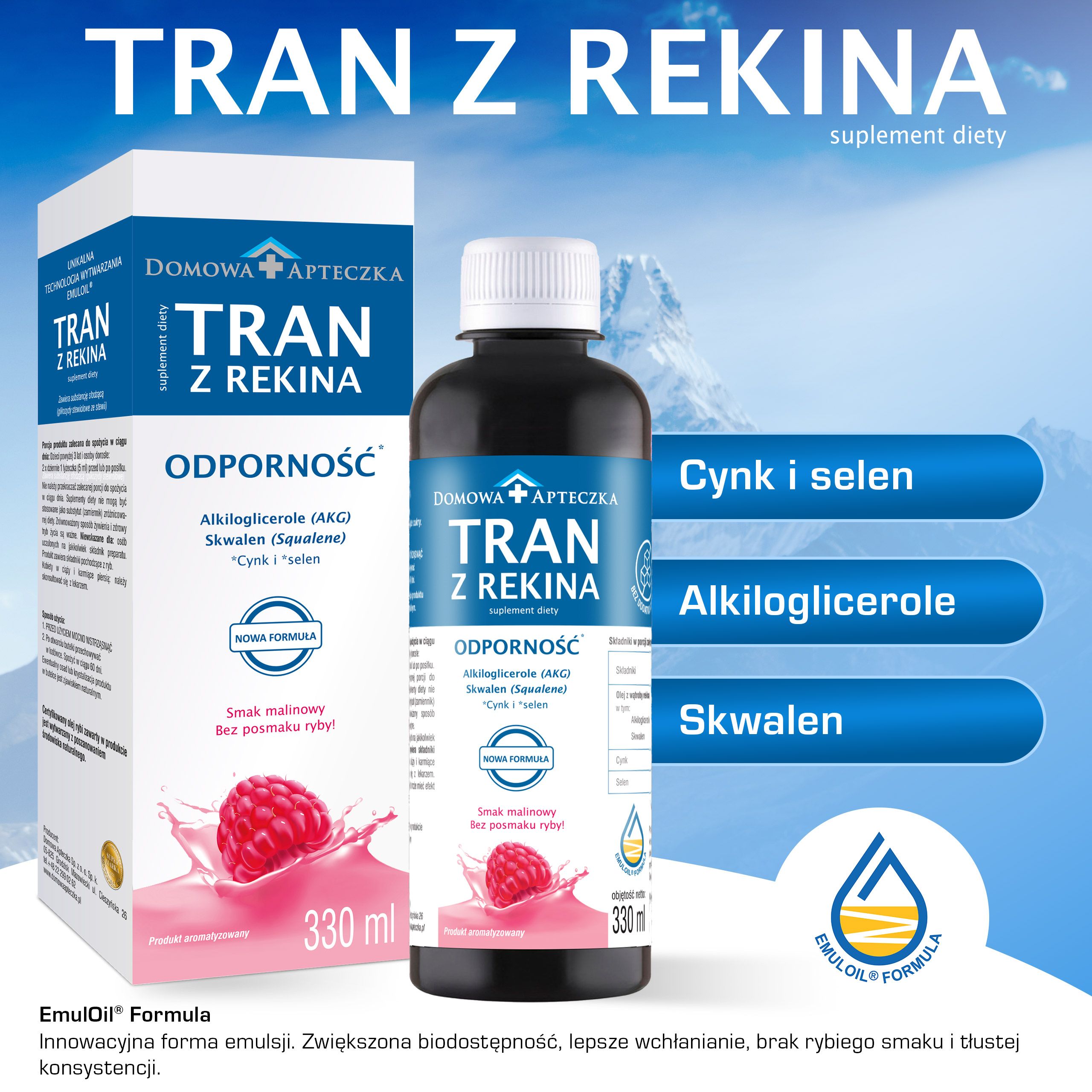 Domowa Apteczka Tran Z Rekina, tran z rekina o smaku malinowym, 330 ml
