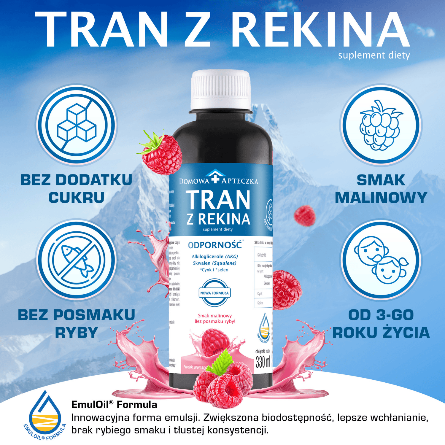 Domowa Apteczka Tran Z Rekina, tran z rekina o smaku malinowym, 330 ml