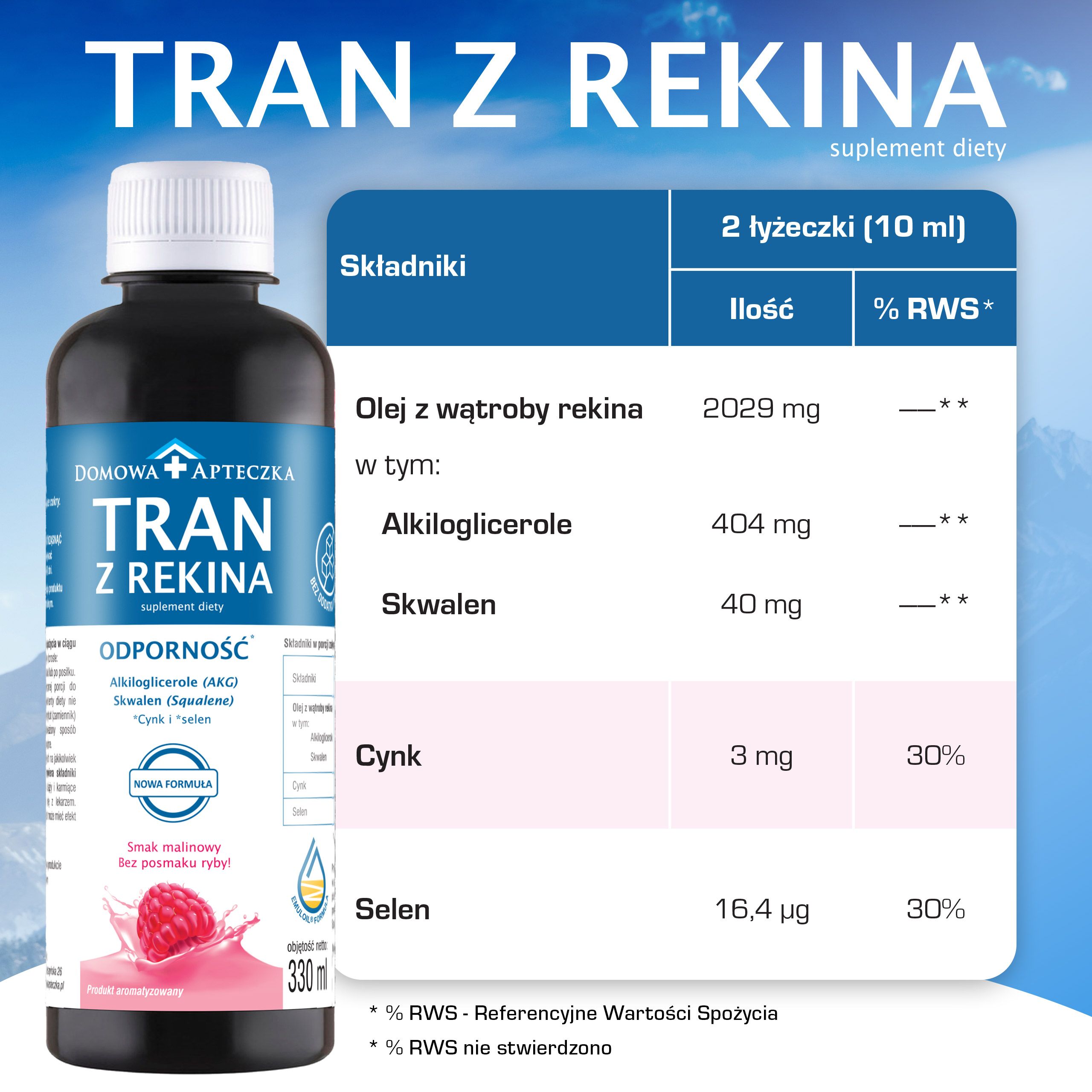 Domowa Apteczka Tran Z Rekina, tran z rekina o smaku malinowym, 330 ml