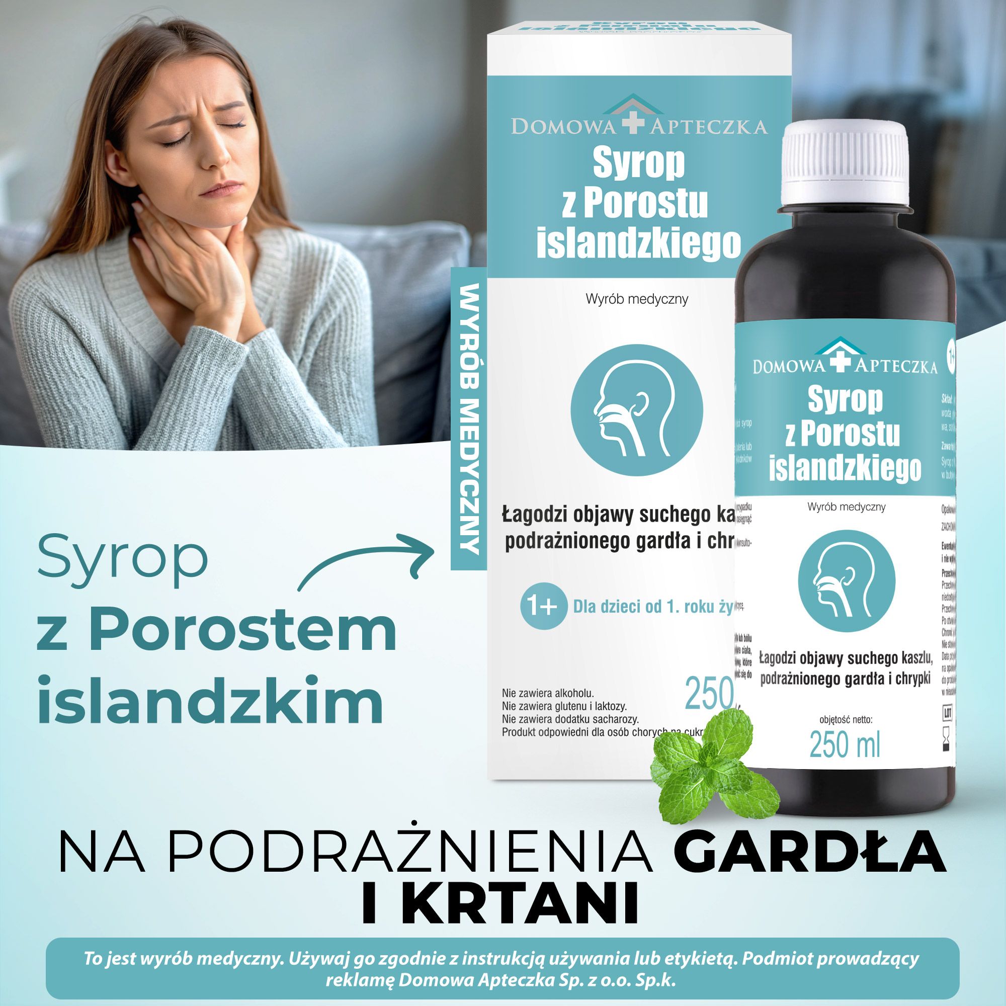 Syrop z porostu islandzkiego, łagodzący objawy suchego kaszlu, podrażnionego gardła i chrypki, 250 ml