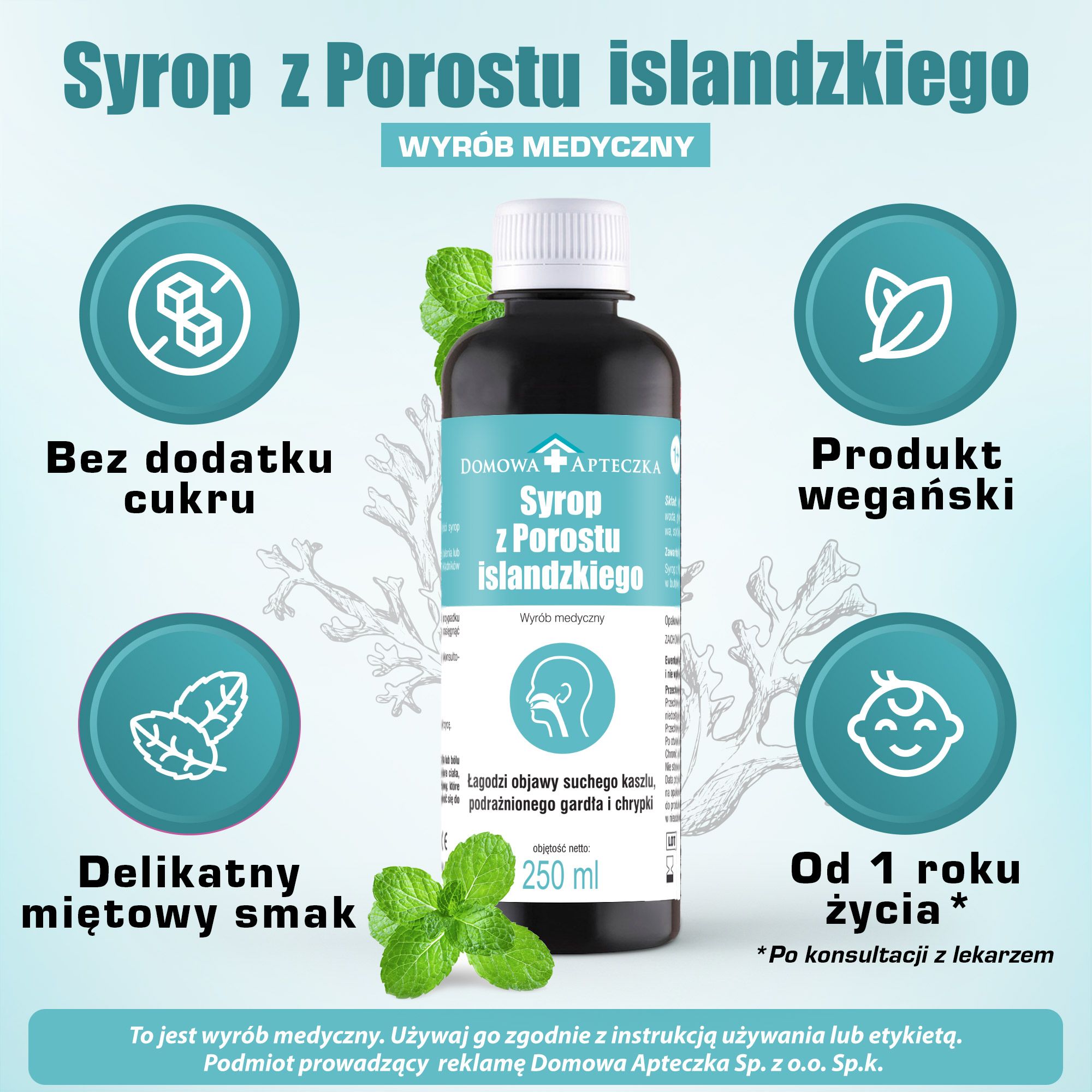 Syrop z porostu islandzkiego, łagodzący objawy suchego kaszlu, podrażnionego gardła i chrypki, 250 ml