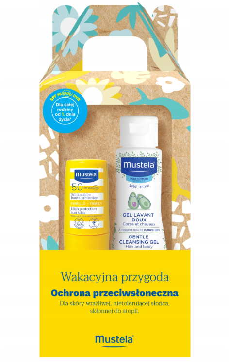 Mustela Wakacyjna Przygoda, żel do mycia, 100 ml + sztyft SPF 50+, 9 ml