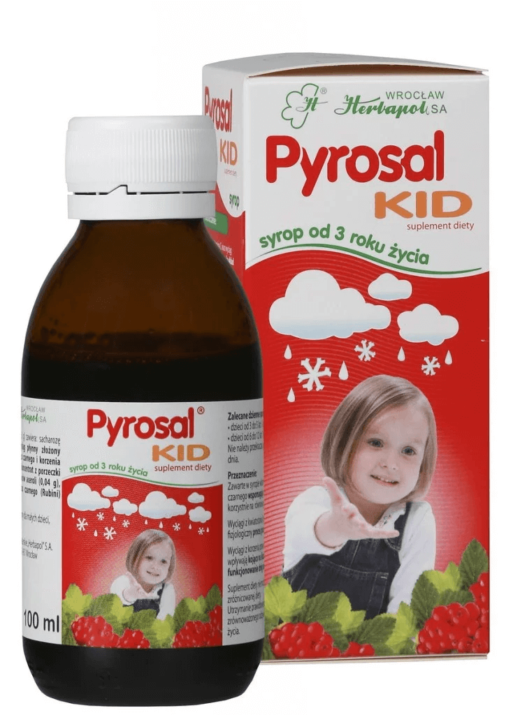 Pyrosal KID, syrop ze składnikami wspierającymi układ odpornościowy i oddechowy, dla dzieci, butelka 100 ml
