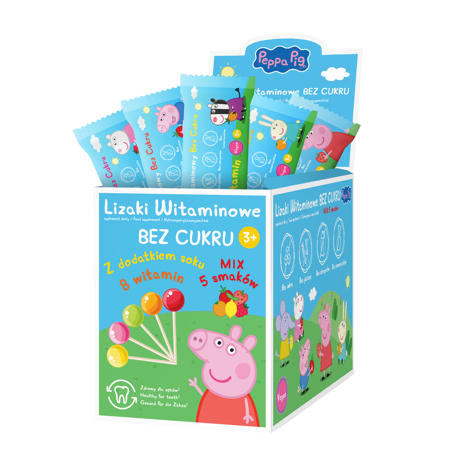 Lizaki witaminowe Peppa Pig, 8 witamin bez cukru z dodatkiem soku, mix 5 smaków, 50 szt.