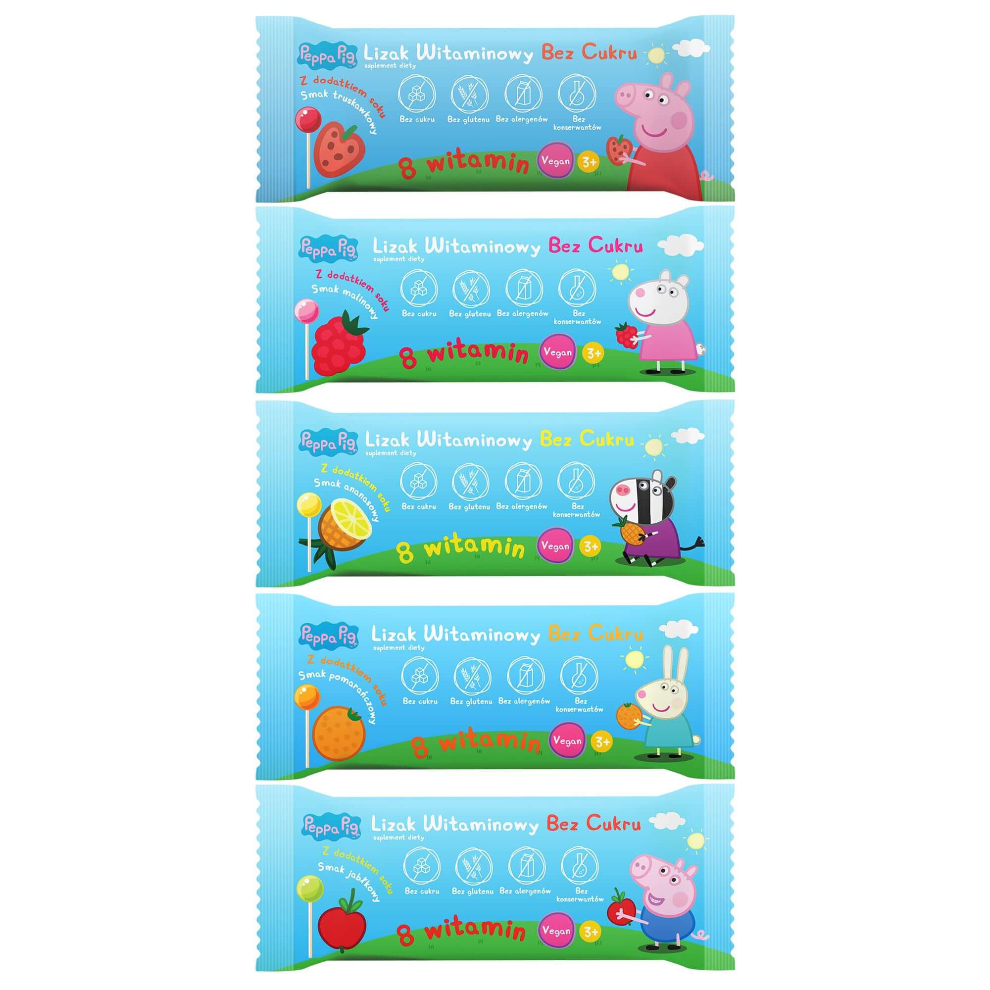 Lizaki witaminowe Peppa Pig, 8 witamin bez cukru z dodatkiem soku, mix 5 smaków, 50 szt.