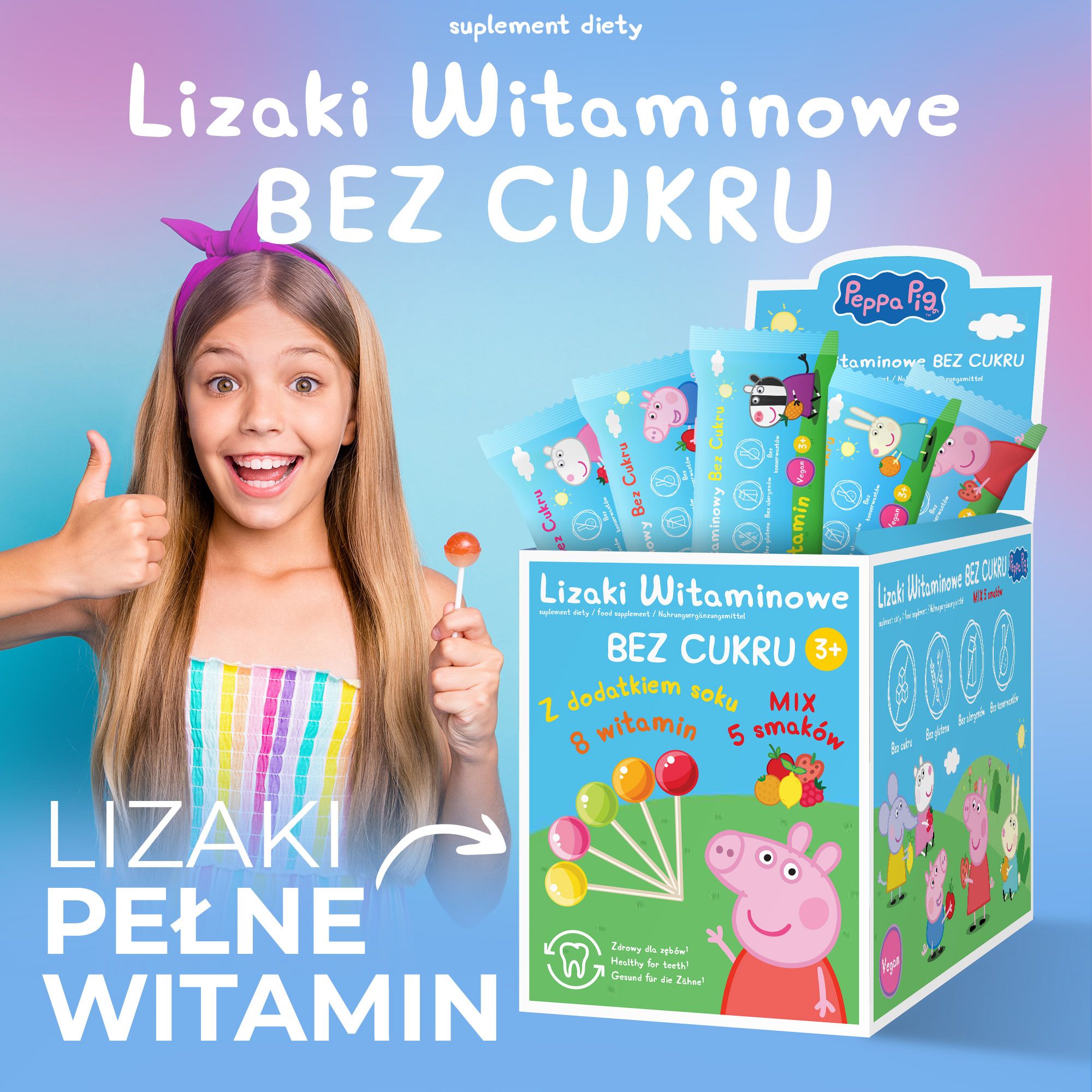 Lizaki witaminowe Peppa Pig, 8 witamin bez cukru z dodatkiem soku, mix 5 smaków, 50 szt.