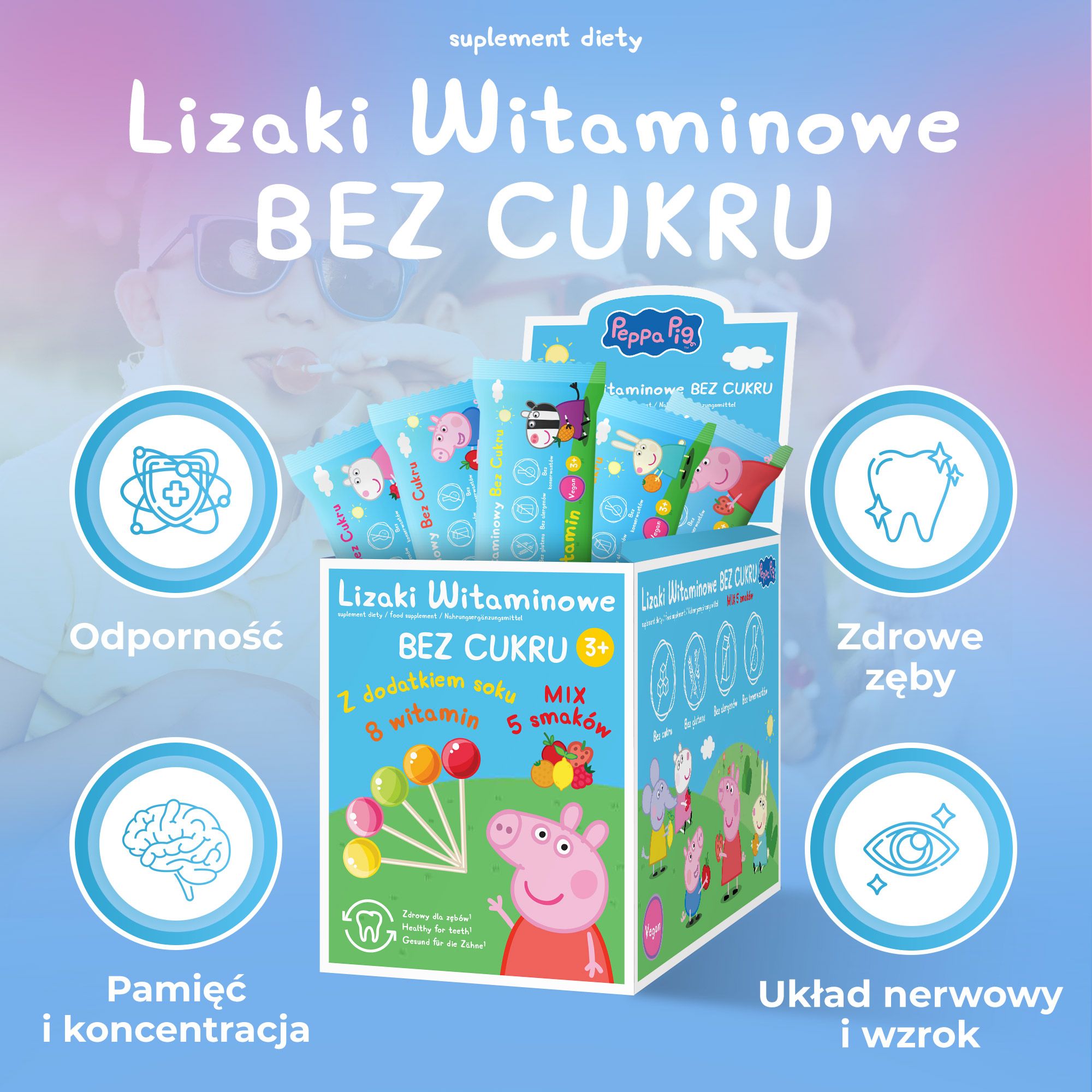 Lizaki witaminowe Peppa Pig, 8 witamin bez cukru z dodatkiem soku, mix 5 smaków, 50 szt.