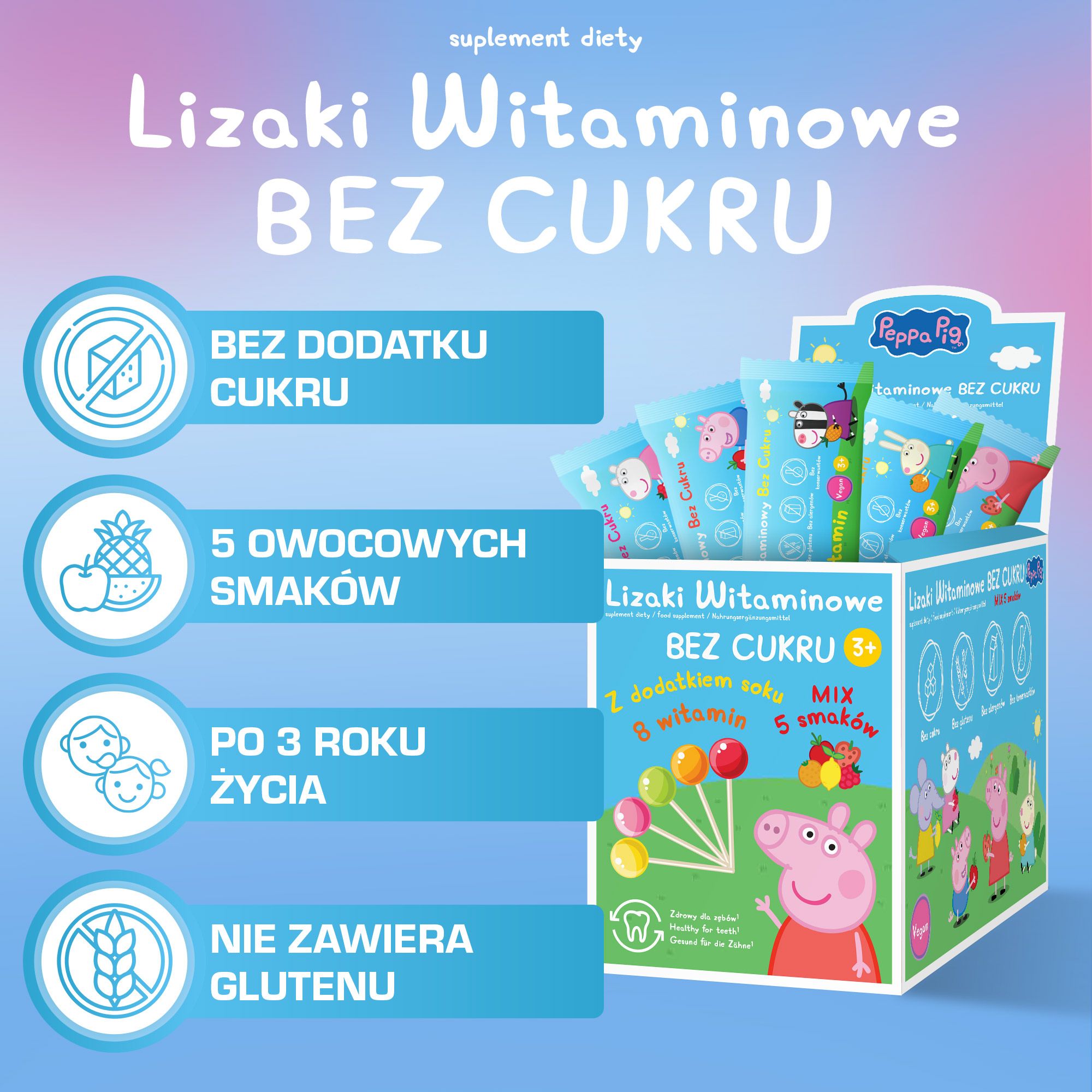 Lizaki witaminowe Peppa Pig, 8 witamin bez cukru z dodatkiem soku, mix 5 smaków, 50 szt.