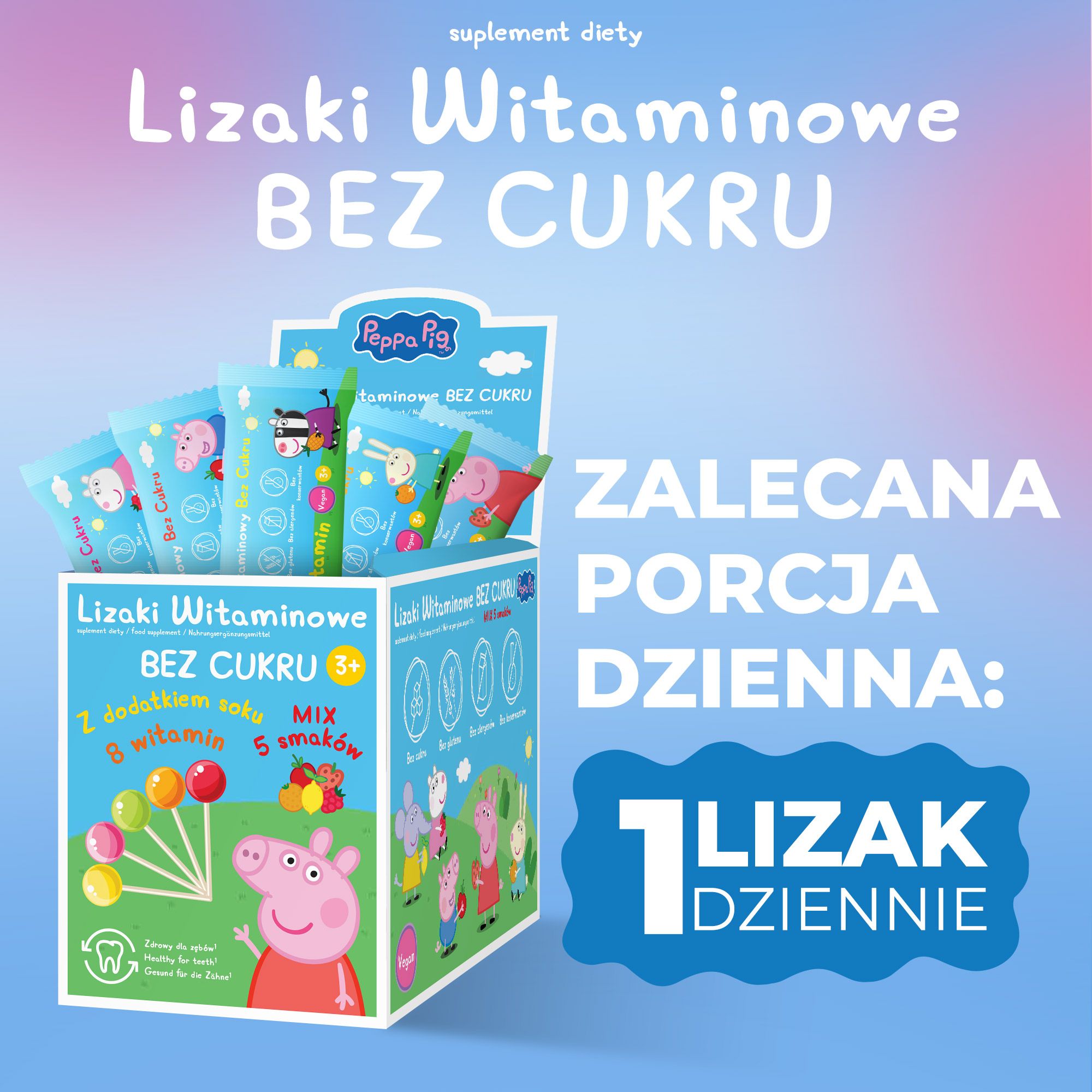Lizaki witaminowe Peppa Pig, 8 witamin bez cukru z dodatkiem soku, mix 5 smaków, 50 szt.