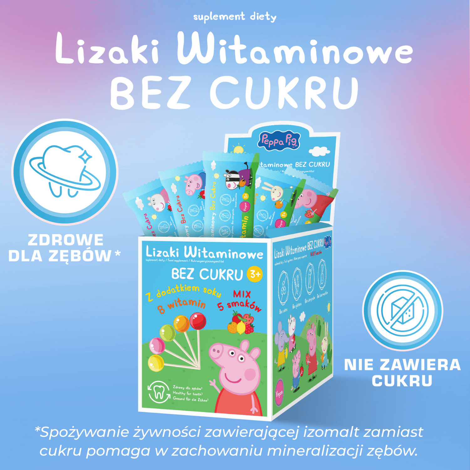 Lizaki witaminowe Peppa Pig, 8 witamin bez cukru z dodatkiem soku, mix 5 smaków, 50 szt.