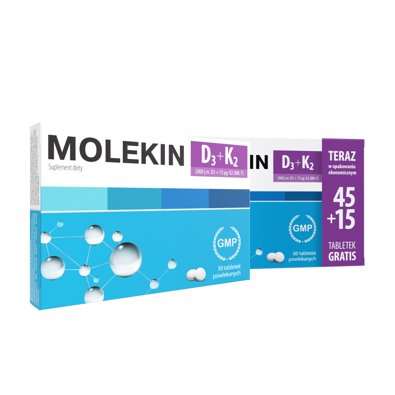 Molekin D3 + K2, tabletki z witaminami wspierającymi kości, 45 szt. + 15 szt. gratis