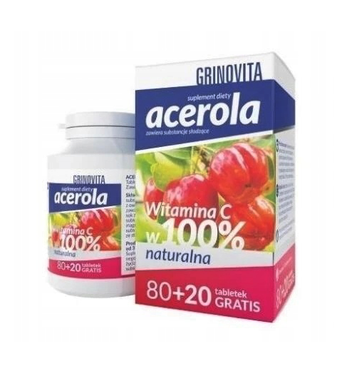 Grinovita Acerola, tabletek do ssania ze składnikami wspomagającymi układ odpornościowy, 100 szt.