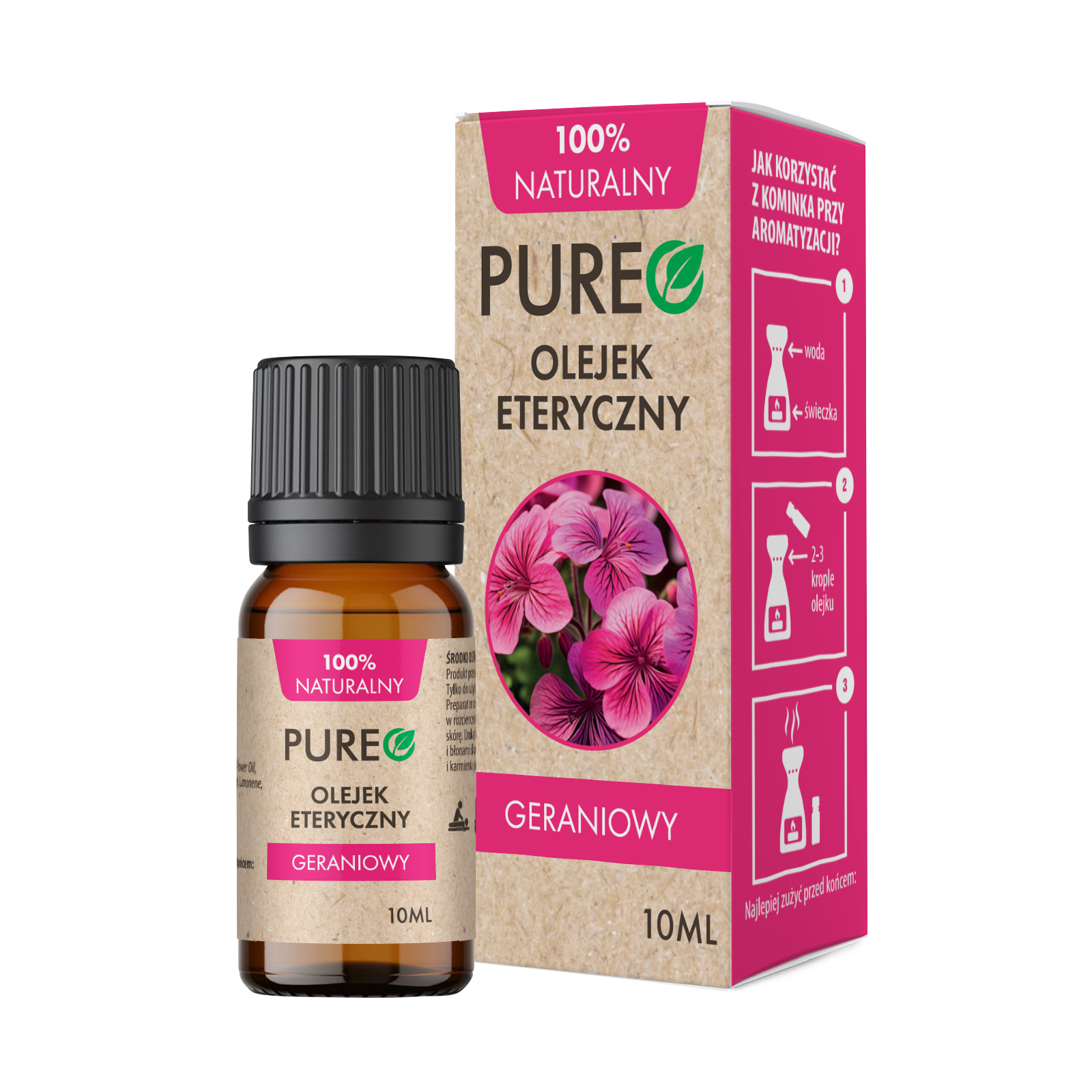 Pureo Olejek Eteryczny, olejek eteryczny geraniowy, 10 ml