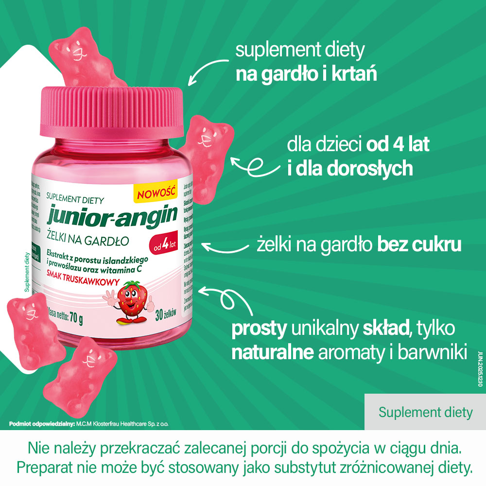 Junior-Angin Gardło, 30 żelków, smak truskawkowy