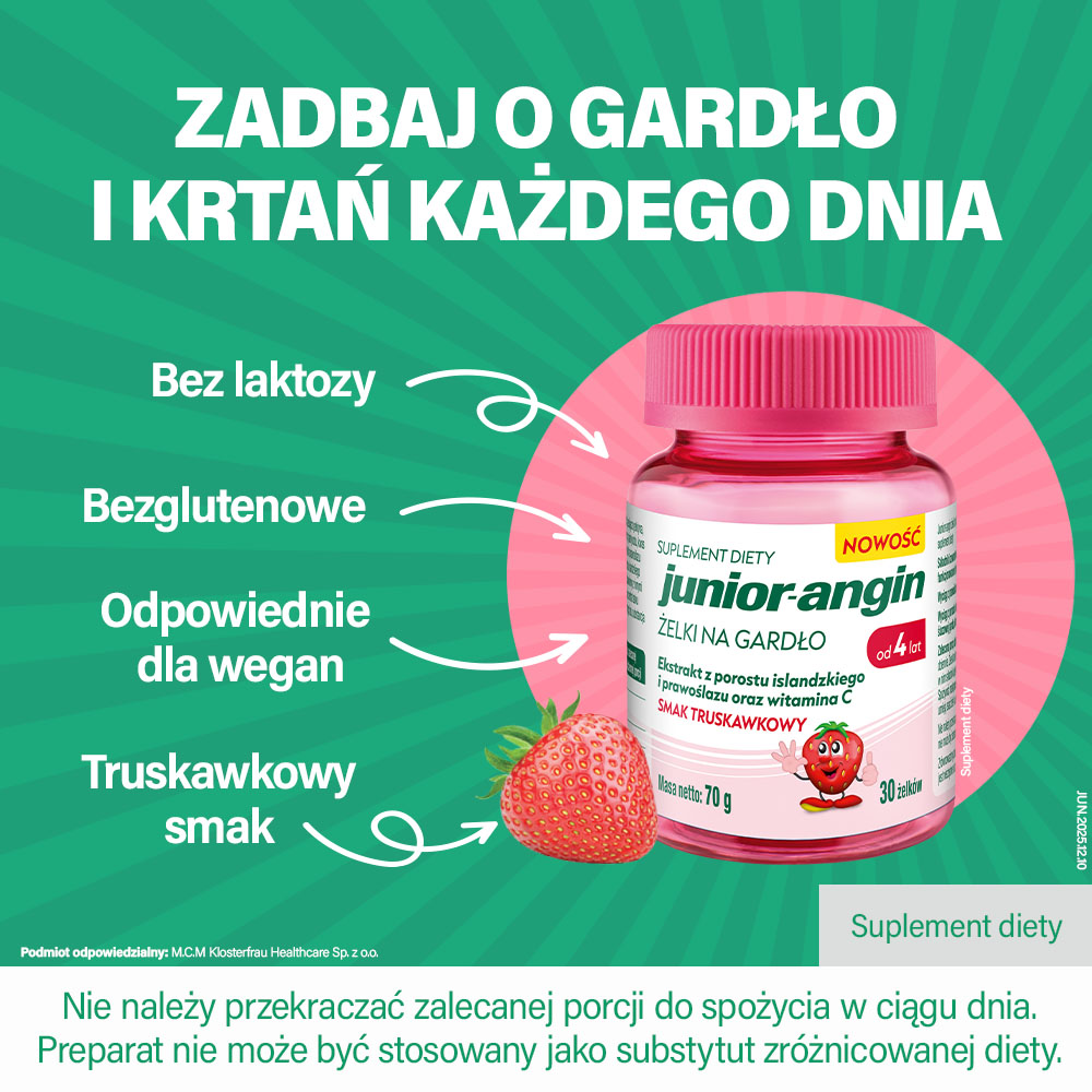 Junior-Angin Gardło, 30 żelków, smak truskawkowy