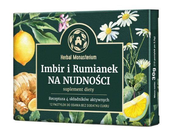 Herbal Monasterium Imbir i Rumianek, 12 pastylek do ssania