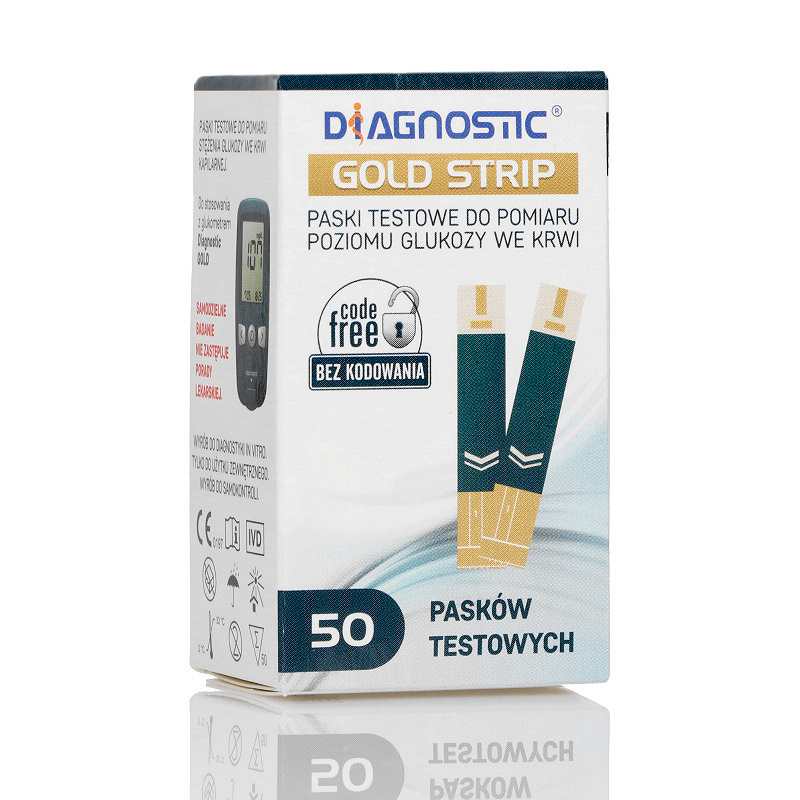 Diagnostic Gold Strip test paskowy do mierzenia poziomu glukozy we krwi, 50 szt.