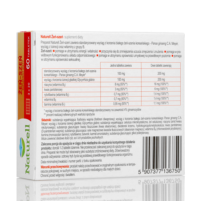 Naturell Żeń-szeń, tabletki ze składnikami na odporność oraz zmniejszające uczucie zmęczenia, 60 szt.