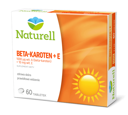 Naturell Beta-karoten + E  , tabletki ze składnikami wspierającymi zdrową skórę i prawidłowe widzenie, 60 szt.