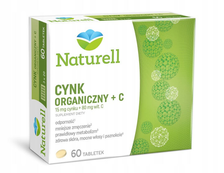 Naturell Cynk Organiczny + C , tabletki ze składnikami wspierającymi odporność i prawidłowy metabolizm, 60 szt.