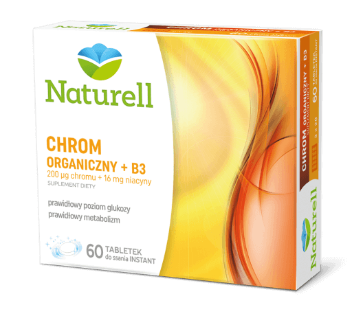 Naturell Chrom Organiczny + B3 , tabletki ze składnikami wspomagającymi utrzymanie właściwego poziom glukozy we krwi, 60 szt.