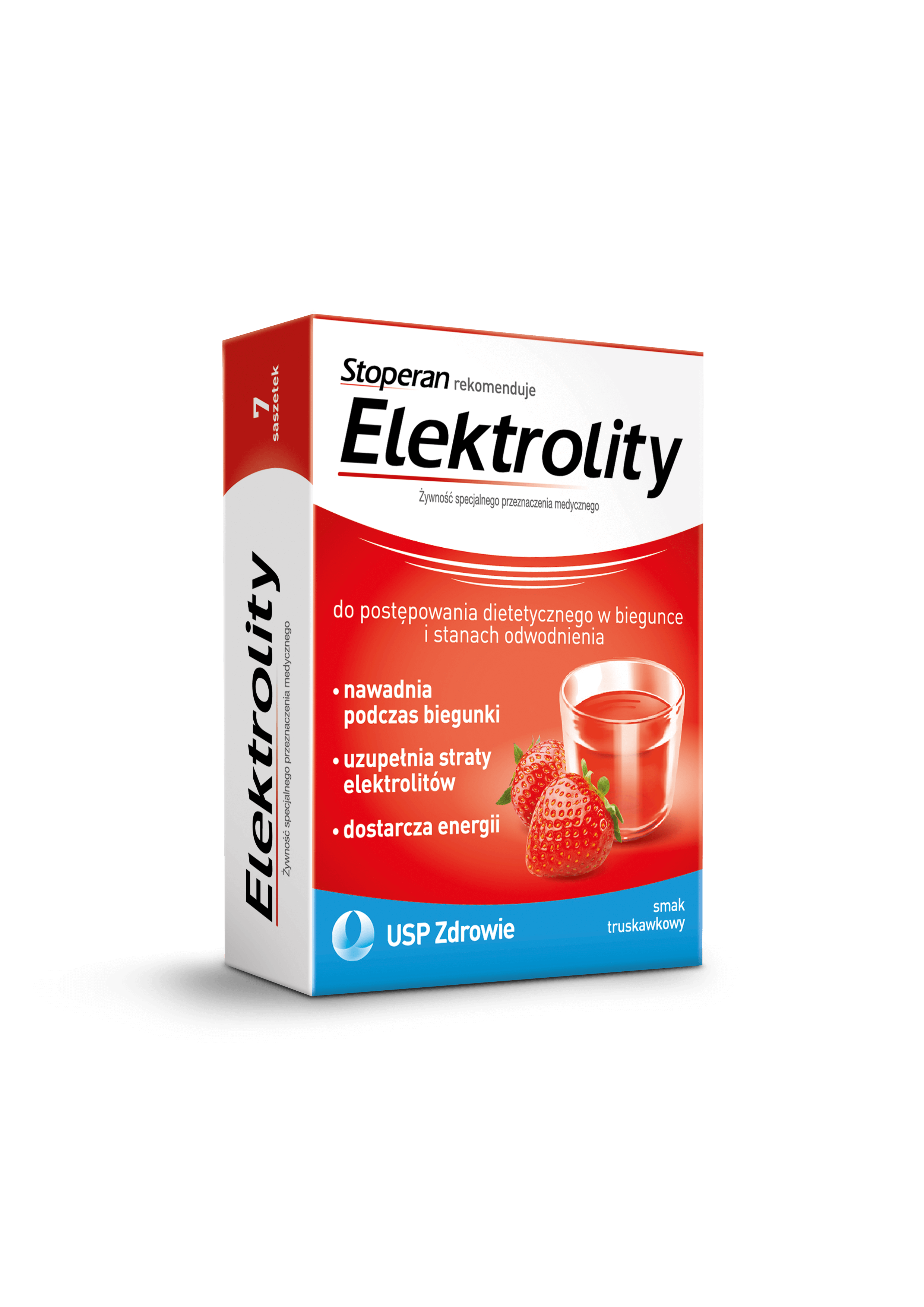 Elektrolity, proszek do stosowania przy biegunce o smaku truskawkowym, 7 sasz.