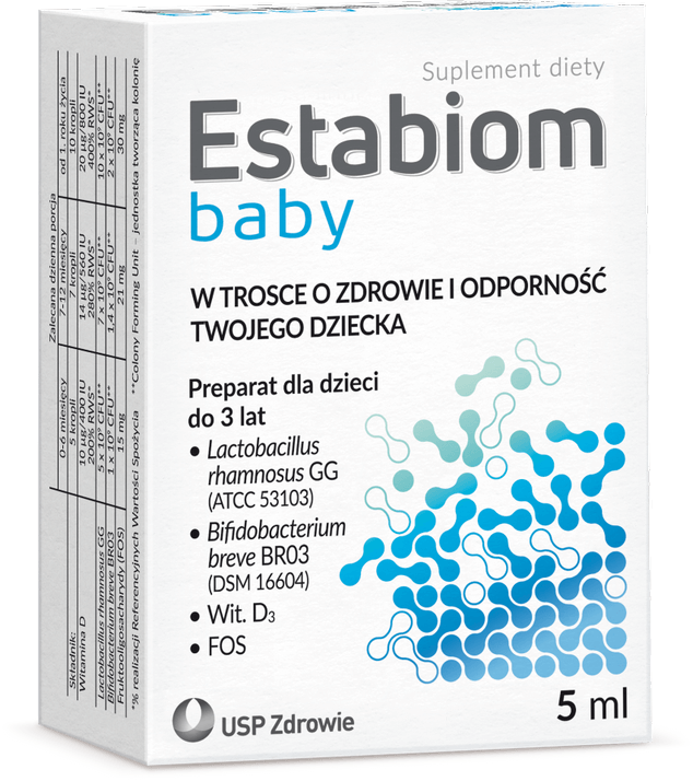 Estabiom Baby , krople ze składnikami wspierającymi odporność i odbudowę flory bakteryjnej, 5 ml