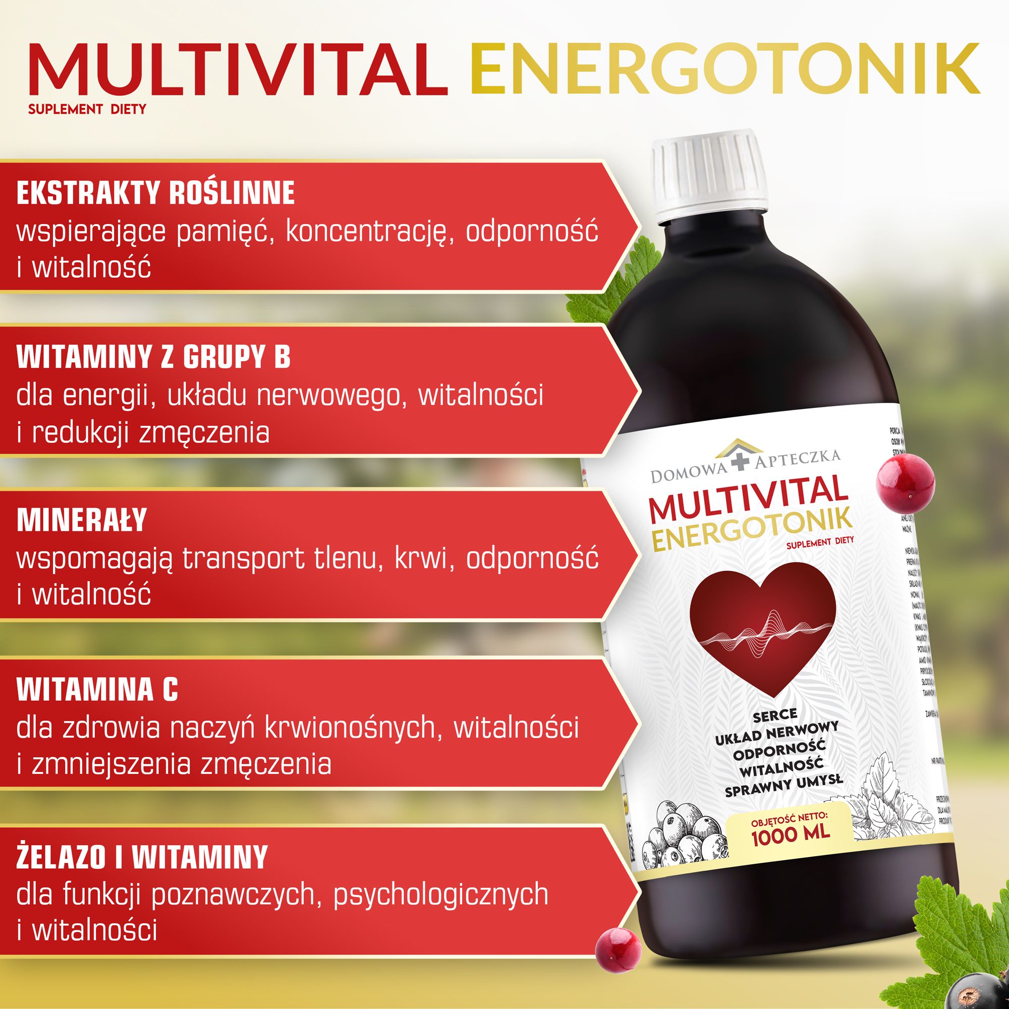 Multivital Energotonik , płyn ze składnikami wspierającymi serce i układ nerwowy, 1 l