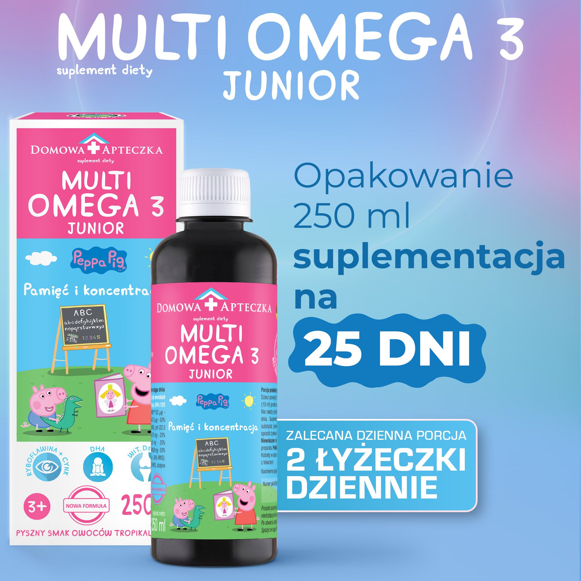 MultiOmega 3 Junior, płyn doustny o smaku owoców tropikalnych wzmacniający odporność, 250 ml