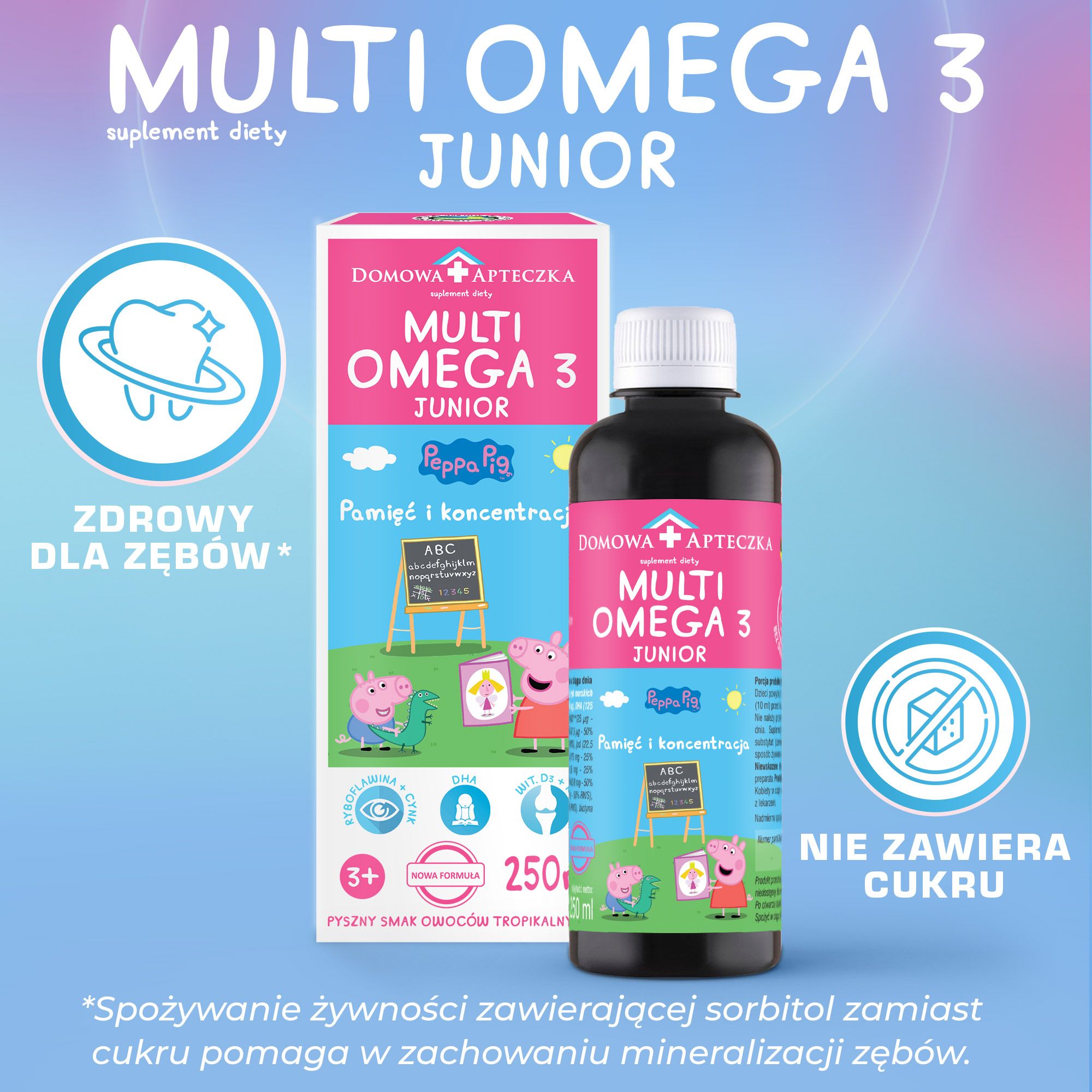 MultiOmega 3 Junior, płyn doustny o smaku owoców tropikalnych wzmacniający odporność, 250 ml