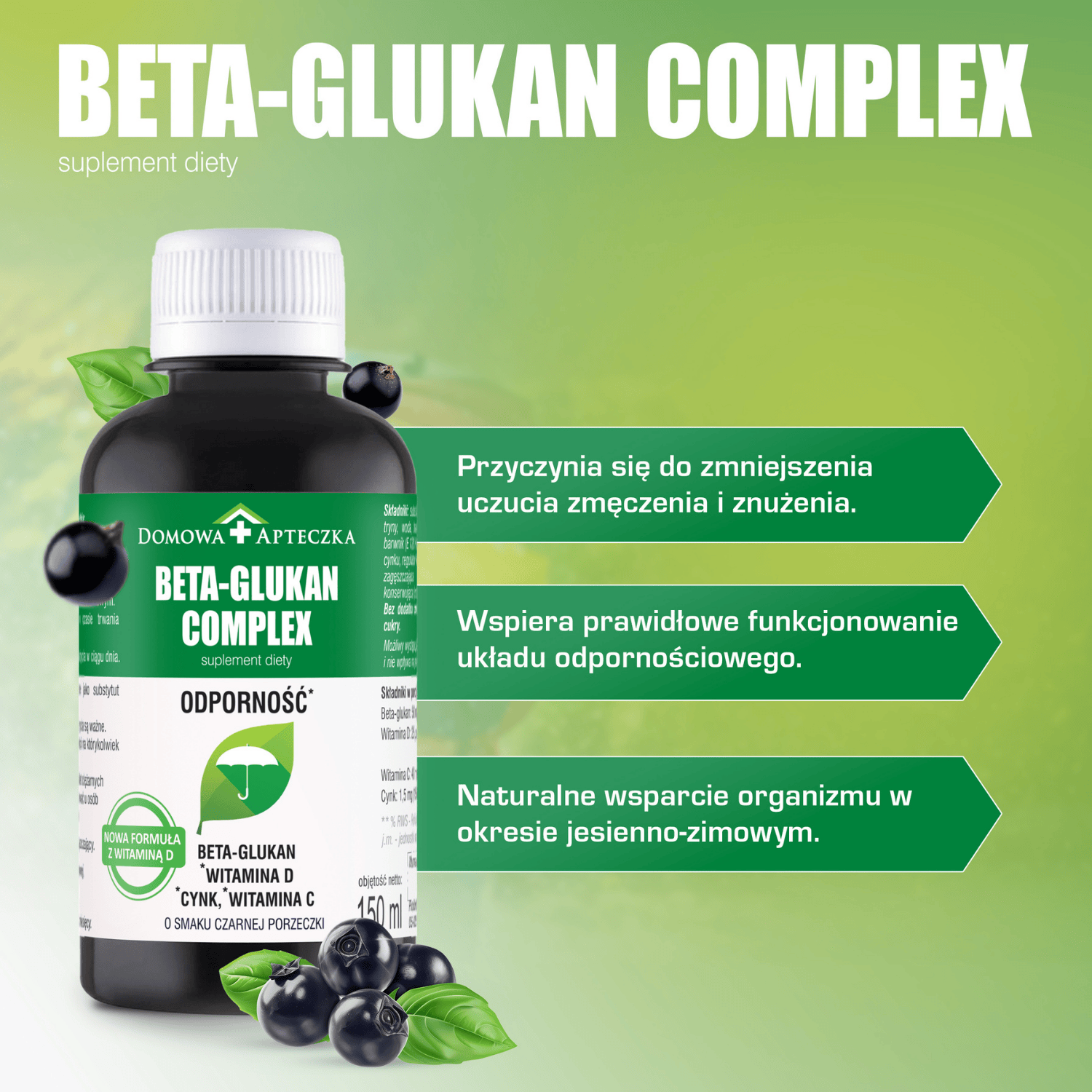 Beta-Glukan Complex , płyn z cynkiem i witaminą C o smaku czarnej porzeczki, 150 ml