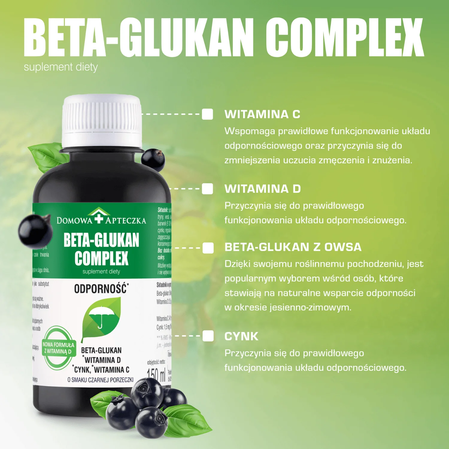 Beta-Glukan Complex , płyn z cynkiem i witaminą C o smaku czarnej porzeczki, 150 ml