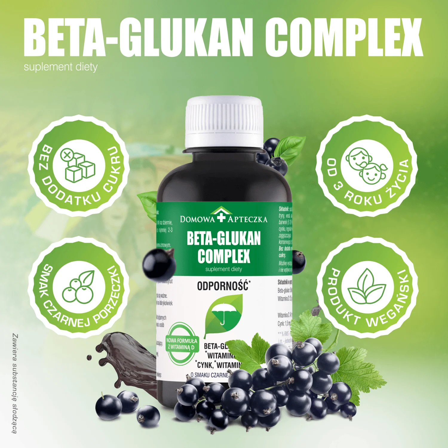 Beta-Glukan Complex , płyn z cynkiem i witaminą C o smaku czarnej porzeczki, 150 ml