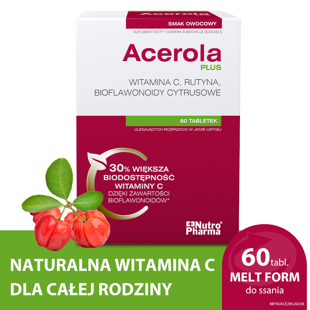Acerola Plus Witamina C, tabletki ze składnikami wspomagającymi układ odpornościowy i funkcjonowanie naczyń krwionośnych, 60 szt.
