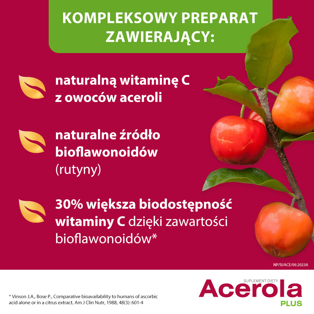Acerola Plus Witamina C, tabletki ze składnikami wspomagającymi układ odpornościowy i funkcjonowanie naczyń krwionośnych, 60 szt.