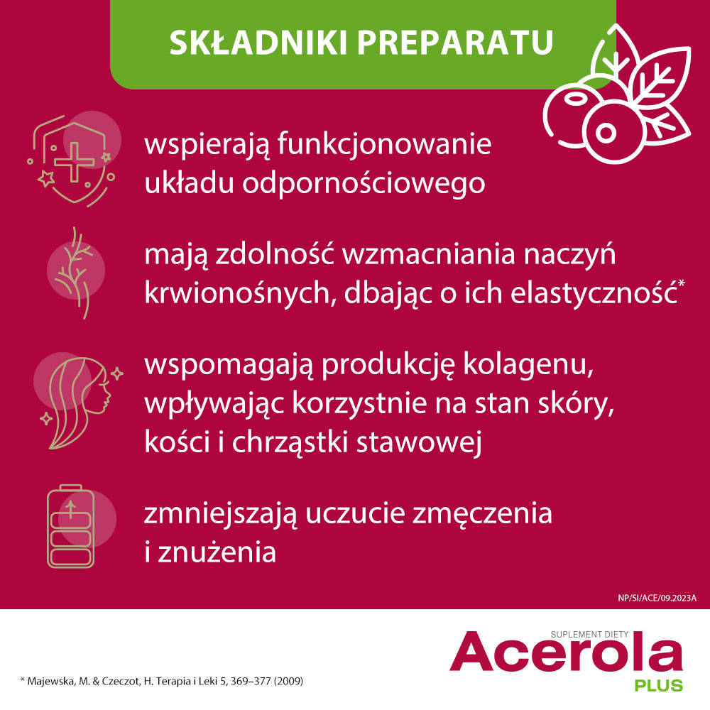 Acerola Plus Witamina C, tabletki ze składnikami wspomagającymi układ odpornościowy i funkcjonowanie naczyń krwionośnych, 60 szt.