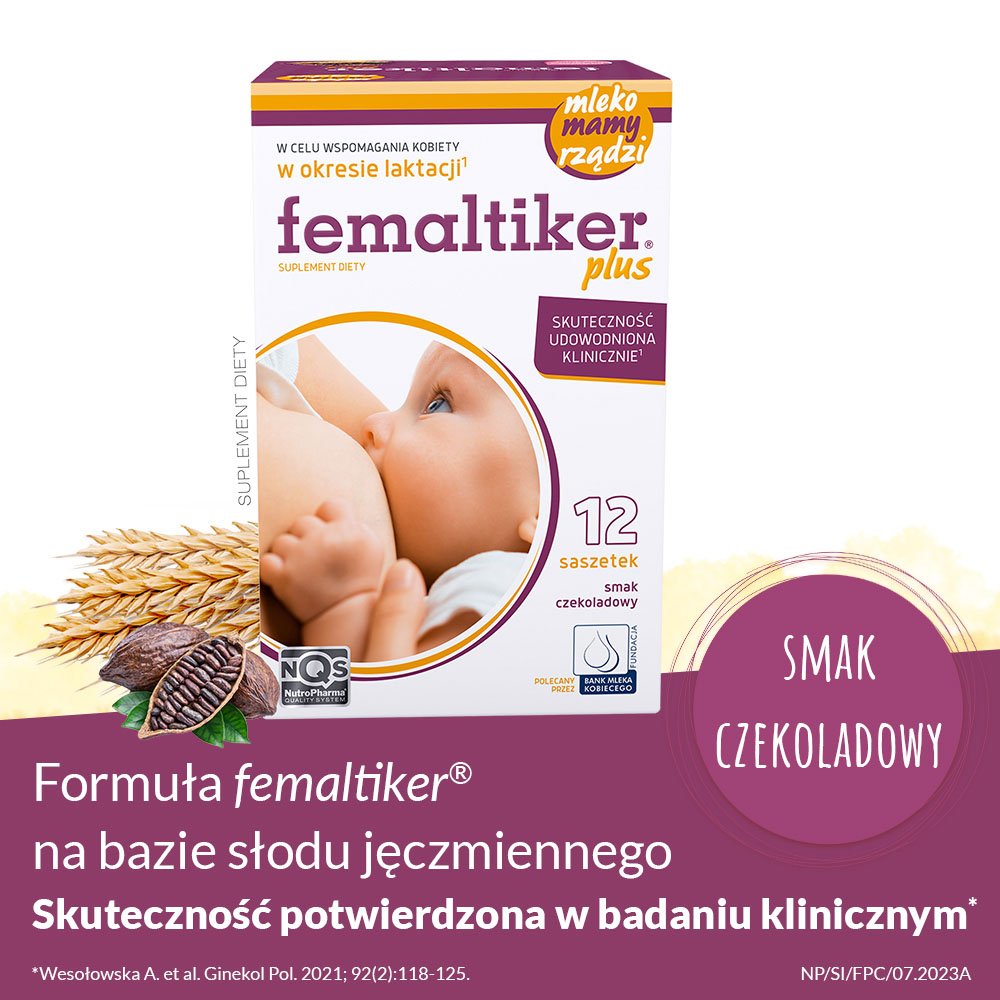 Femaltiker plus , wsparcie organizmu kobiety w okresie laktacji, smak czekoladowy, 12 saszetek