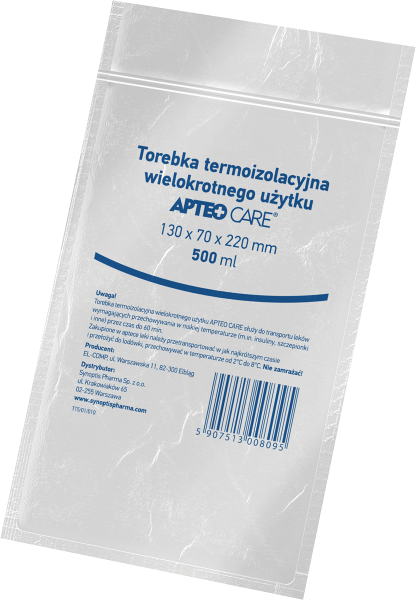 Torebka termoizolacyjna wielokrotnego użytku APTEO CARE, transport leków wymagających przechowywania w niskiej temperaturze, 130 x 70 x 220 mm, 1 szt.