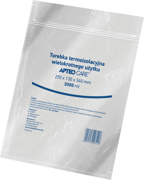 Torebka termoizolacyjna wielokrotnego użytku APTEO CARE transport leków wymagających przechowywania w niskiej temperaturze, 250 x 130 x 340 mm, 1 szt.