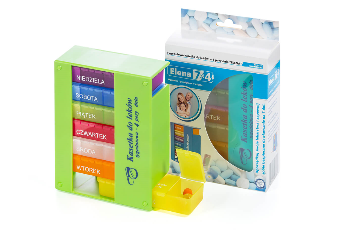 Kasetka tygodniowa 4 pory dnia Elena 7x4 umożliwiająca rozplanowanie lekarstw na cały tydzień, 1 szt.