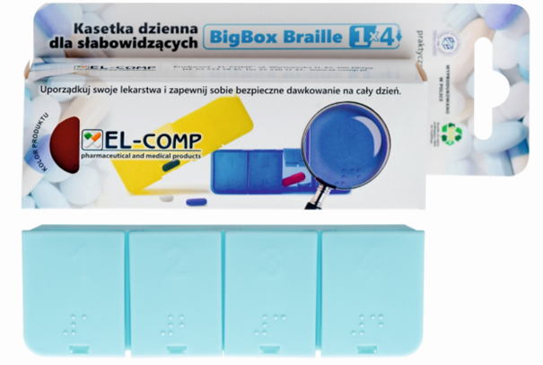 BigBox Braille Kasetka dzienna dla słabowidzących, kasetka na 4 pory dnia, 1 szt.