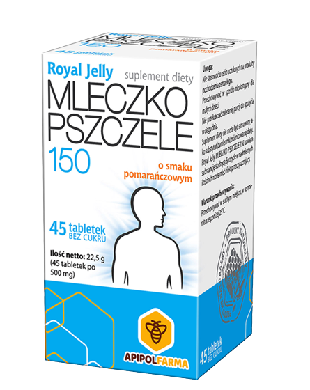 Royal Jelly Mleczko pszczele 150, tabletek do ssania o smaku pomarańczowym ze składnikami wspomagającymi sprawność fizyczną i psychiczną, 45 szt.