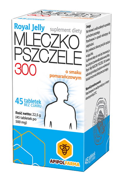Royal Jelly Mleczko pszczele 300 tabletek do ssania o smaku pomarańczowym ze składnikami wspomagającymi sprawność fizyczną i psychiczną, 45 szt.