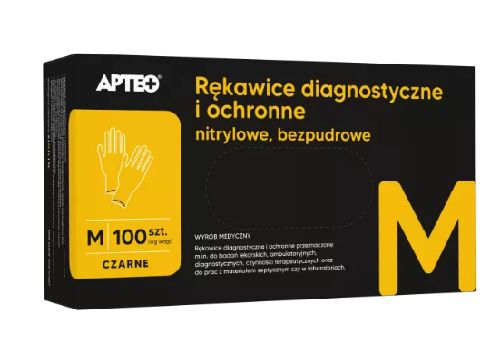 Rękawice czarne nitrylowe APTEO, diagnostyczne i ochronne, bezpudrowe, rozmiar M, 100 szt.