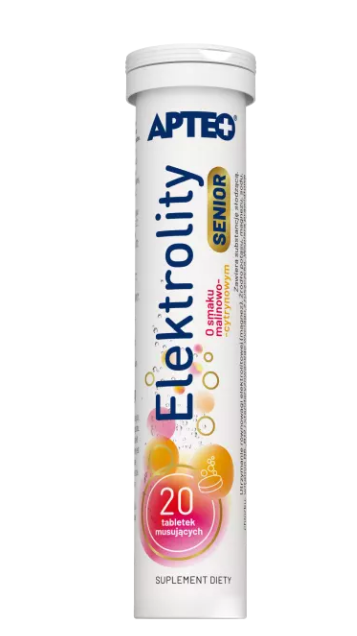 Elektrolity Senior APTEO, tabletki musujące ze składnikami na utrzymanie równowagi elektrolitowej o smaku malinowo-cytrynowym, 20 szt.