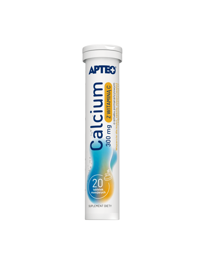 Calcium 300 mg z witaminą C o smaku pomarańczowym APTEO, tabletki musujące ze składnikami wspierającymi zdrowe kości, zęby, mięśnie, 20 szt.