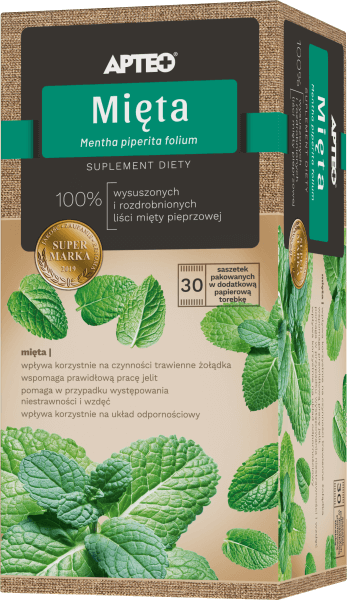 Mięta APTEO zioła ze składnikami wspomagającymi trawienie, pracę jelit, 30 sasz. x 2 g