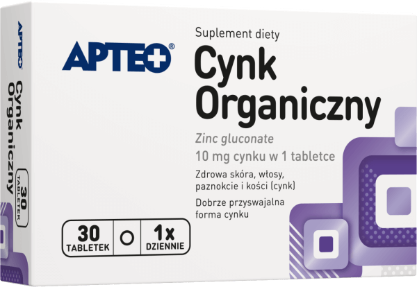 Cynk organiczny APTEO, tabletki ze składnikami  na utrzymanie prawidłowego stanu włosów, skóry, paznokci, 30 szt.
