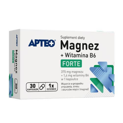 Magnez Forte + Witamina B6 APTEO, kapsułki ze składnikami wspierającymi przy skórczach mięśni i zmęczeniu, 30 szt.