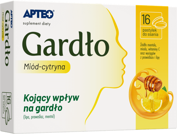 Gardło Miód-cytryna APTEO, pastylki do ssania ze składnikami kojącymi gardło, 16 szt.